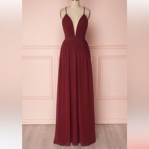 Maniju Burgundy Chiffon Maxi Dress Plunging V Neck Formal Prom Bridesmaid Size S